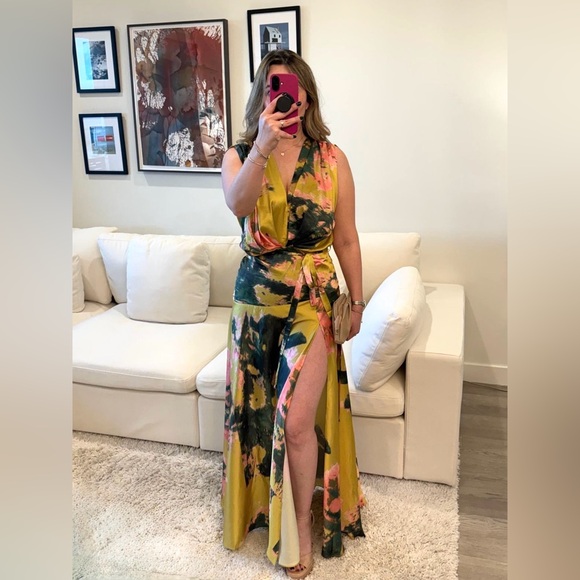 Lime Green Floral Satin Maxi Dress High Slit Wedding Guest (Large) - Picture 5 of 7